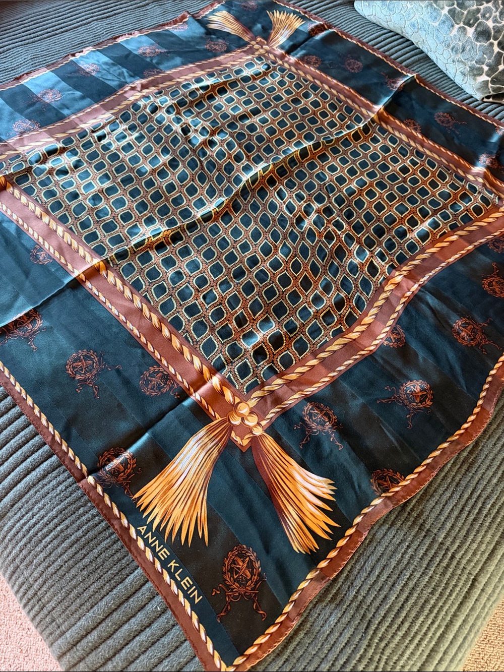 Anne Klein Navy with Brown and Gold Rope Tassel Print Silk Scarf 34” x 34”